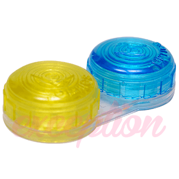 Suport lentile de contact galben - albastru transparent cu un design modern. Lentilele vor fi in siguranta intrun suport deosebit. 